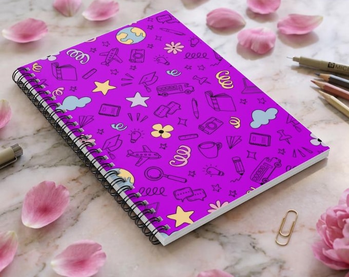 Stylish Scribble School Supplies Pattern Spiral Bound Notebook | Purple Doodle Ruled Journal