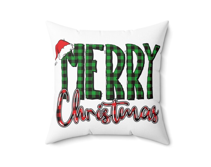 Merry Christmas Plaid Throw Pillow: Holiday Home Decor (16x16)