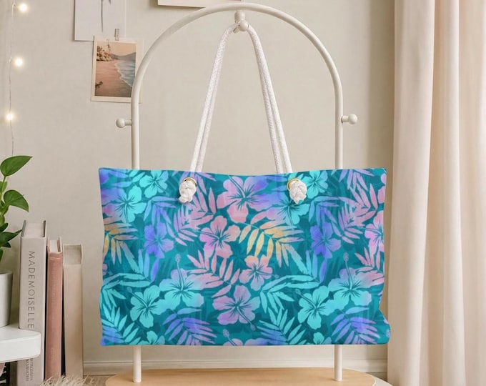 Hibiscus Glimmer Weekender Bag | Teal Purple Floral Travel Tote