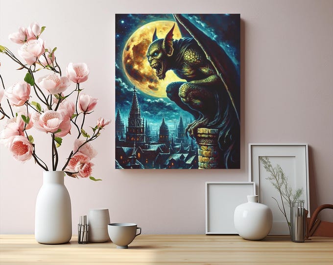 Gothic Gargoyle Canvas Art: The One Who Watches, Fantasy Halloween Decor (16x20)
