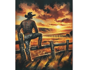 Western Cowboy Sunset Canvas Art, Country Decor, Rustic Home, Wall Art, Gift for Cowpoke