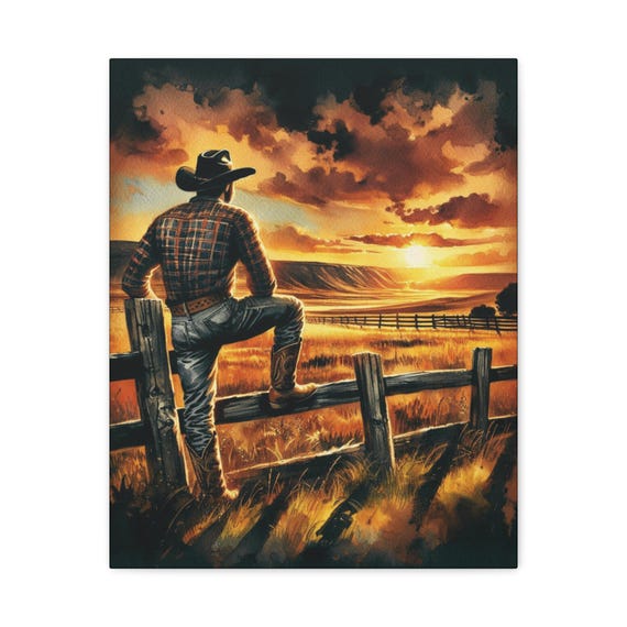 Western Cowboy Sunset Canvas Art, Country Decor, Rustic Home, Wall Art, Gift for Cowpoke