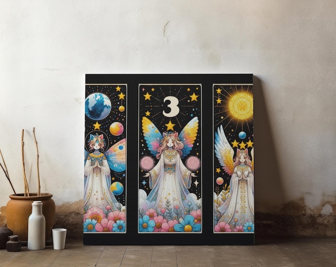 Celestial Cat Angel Canvas Art: Boho Dreamscape Wall Decor (14x14in