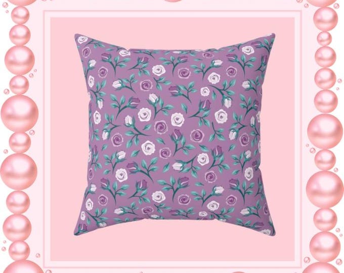 Floral Throw Pillow: Purple Roses, Teal Back - Cozy Accent Pillow (16x16)