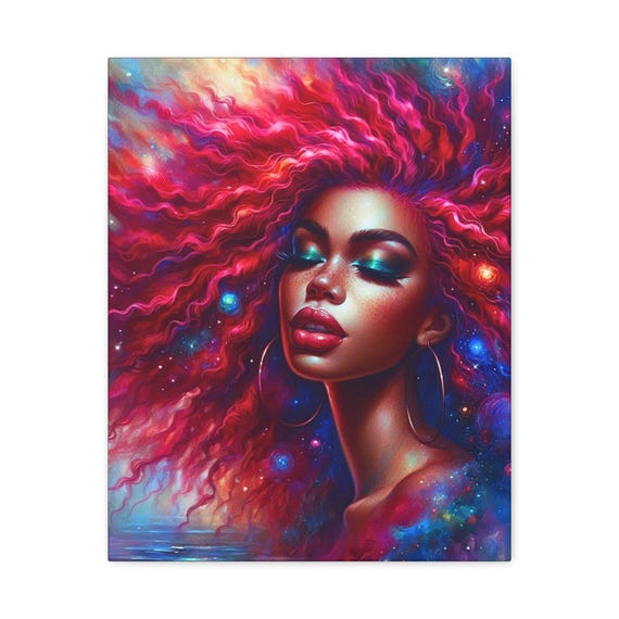 Cosmic Beauty Canvas Art: Afrocentric Galaxy Portrait, Stretched Wall Decor