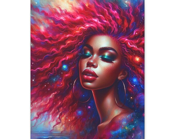 Cosmic Beauty Canvas Art: Afrocentric Galaxy Portrait, Stretched Wall Decor