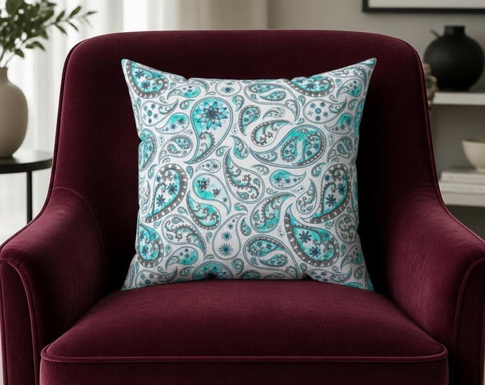 Teal Paisley Pattern Pillow | Spun Polyester Square Pillow
