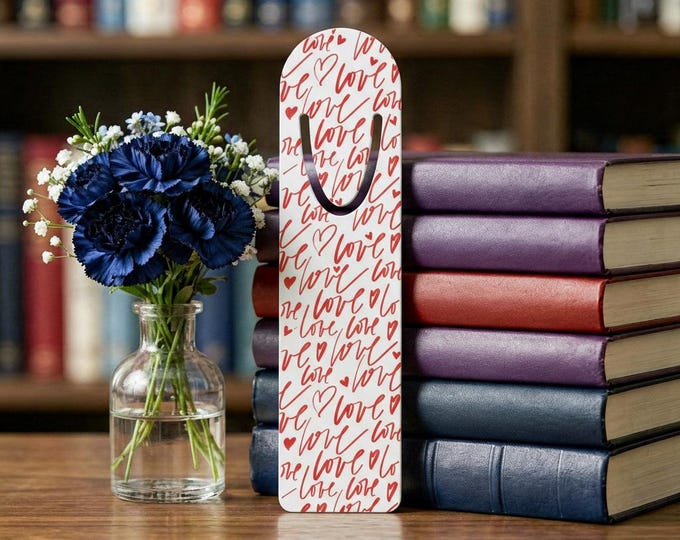 Red Handwritten Love Pattern Bookmark | Metal Bookmark with Script Hearts