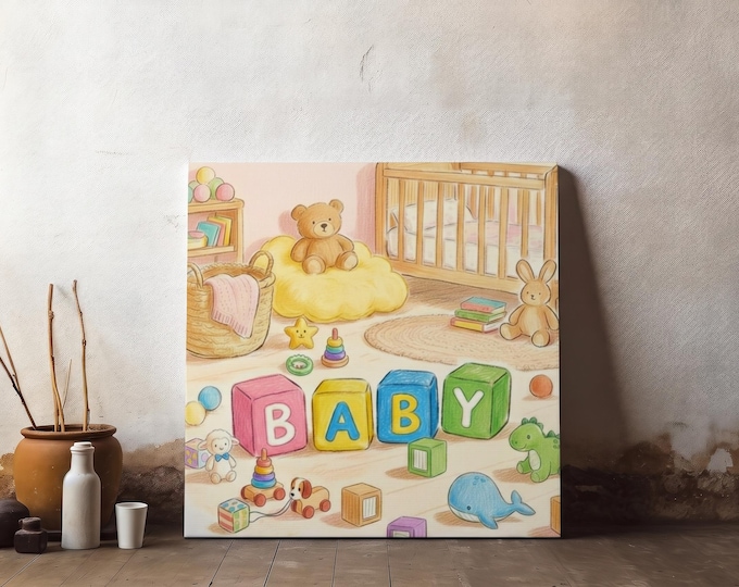 Baby Blocks Matte Canvas Artwork | Adorable Nursery Playroom Decor (14x14)