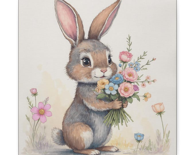 Bunny Wildflower Bouquet Canvas | Pastel Nursery Art (14x14