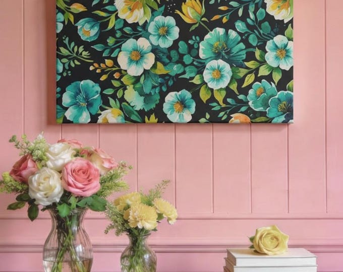 Emerald Floral Canvas Wall Art: Modern Home Decor, Sustainable Pine Wood
