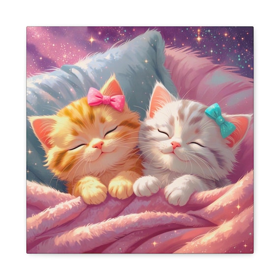 Good Night Kittens Canvas Wall Art: Cozy Cat Lover Decor (14x14 Canvas Only)