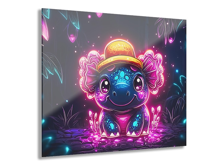 Glowing Neon Axolotl Acrylic Print | French Cleat Hanging