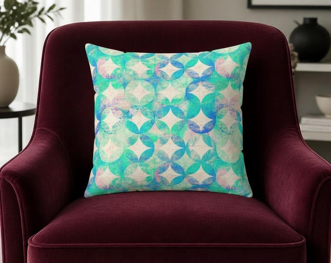 Turquoise Geometric Pattern Pillow | Abstract Circle Motif Square Pillow