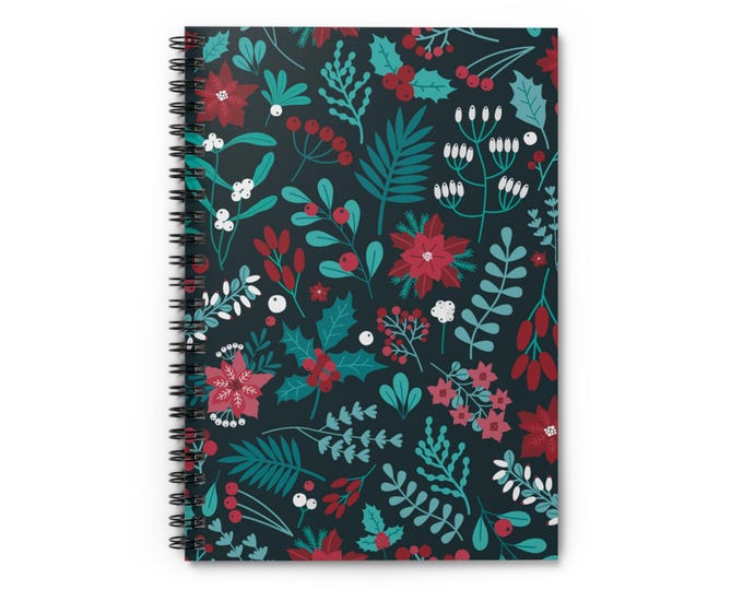 Teal Holly Floral Spiral Notebook - 118 Ruled Pages
