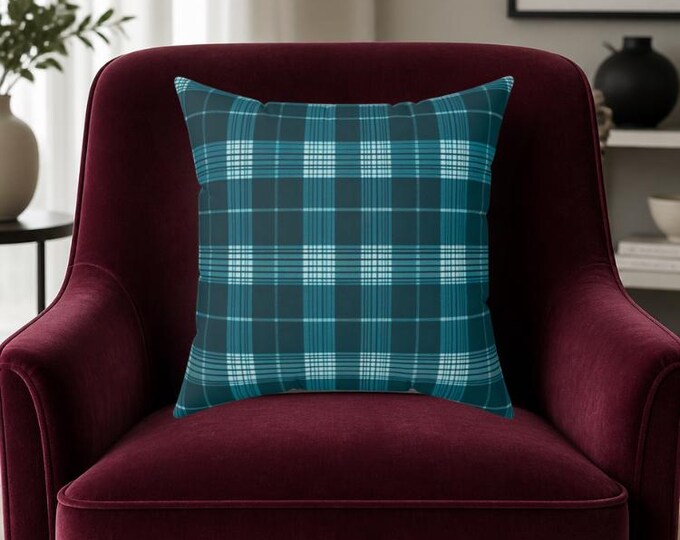 Teal Plaid Throw Pillow: Turkish Style Spun Polyester Accent Pillow