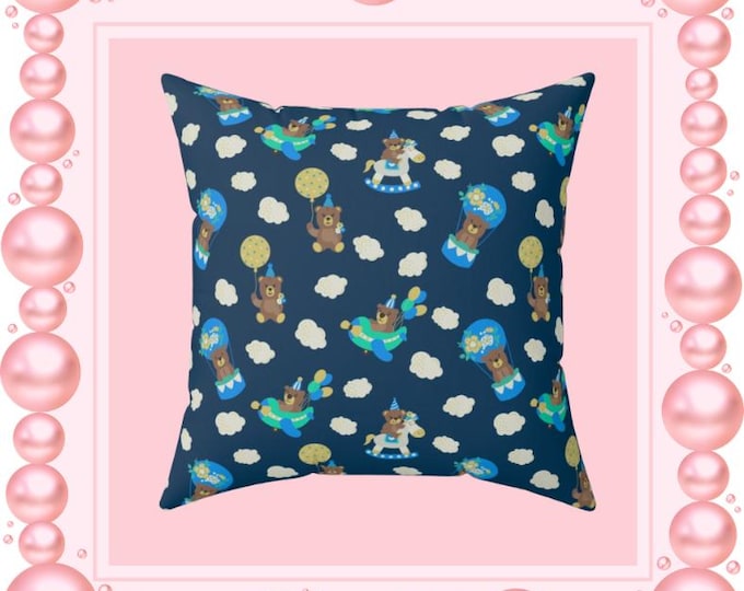 Flying Bear Pillow | Bears in Airplanes, Hot Air Balloons, Clouds (16x16)