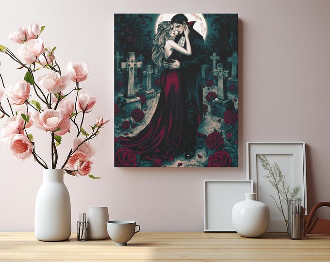 Gothic Vampire Couple Canvas Art: Romantic Dark Fantasy Wall Decor