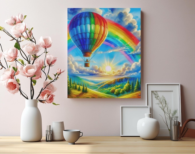 Hot Air Balloon Canvas Art: Vibrant Mountain Landscape, Playroom Decor (16x20)