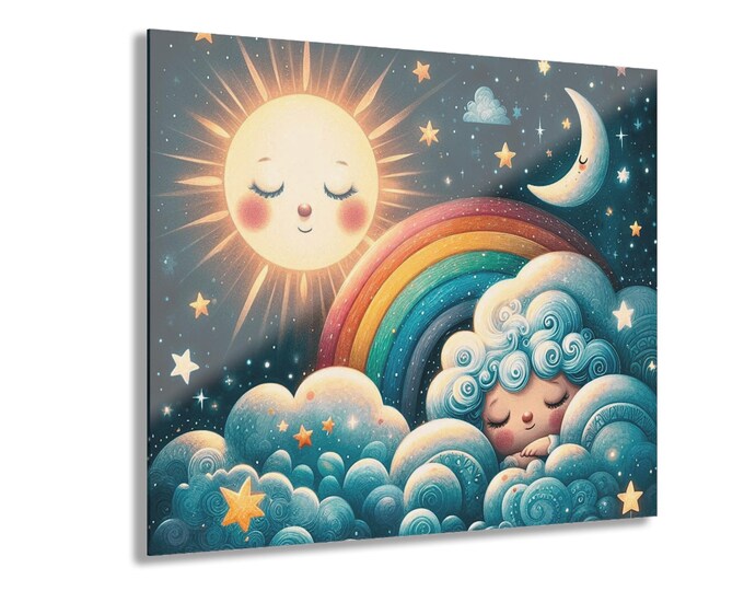 Sleeping Moon and Rainbow Nursery Acrylic Print | Wall Art