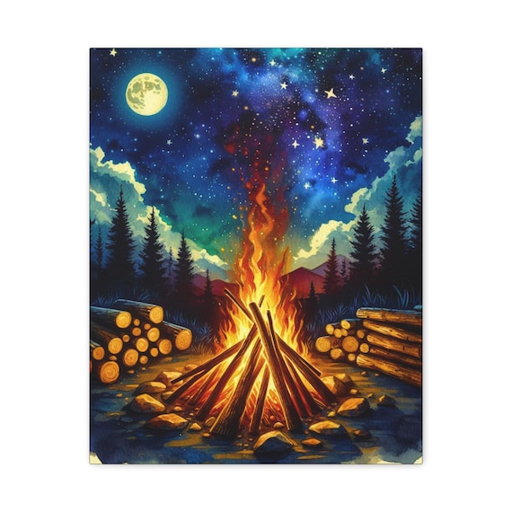 Campfire Canvas Wall Art: Midnight Forest Campground Cabin Decor