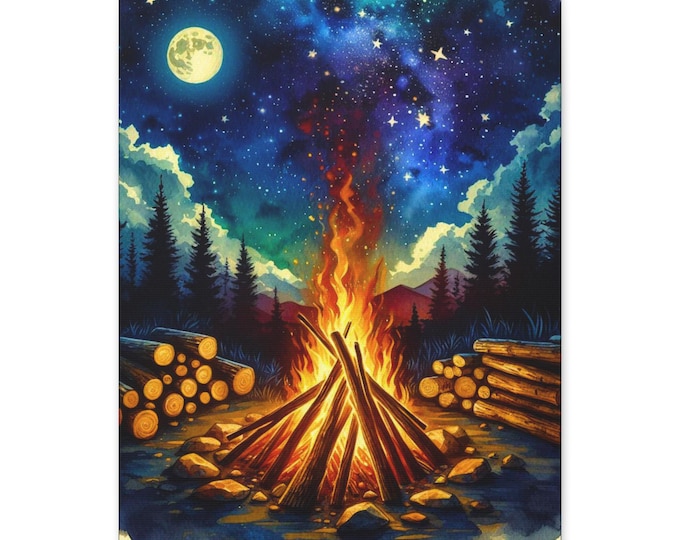 Campfire Canvas Wall Art: Midnight Forest Campground Cabin Decor