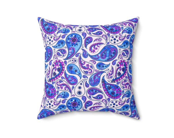 Blue Purple Paisley Pattern Pillow | Square Decorative Pillow