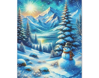 Snowy Mountain Landscape Canvas Art: Winter Snowman Decor (16x20)
