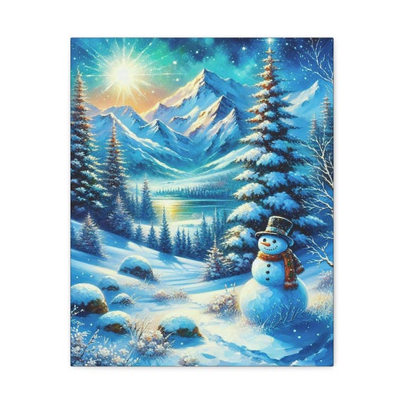 Snowy Mountain Landscape Canvas Art: Winter Snowman Decor (16x20)