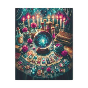 Tarot Card Spread Abstract Canvas Wall Art, Psychic Decor, Crystal Ball Art, Witchy Home Decor, Tarot Card Print, Spiritual Gift