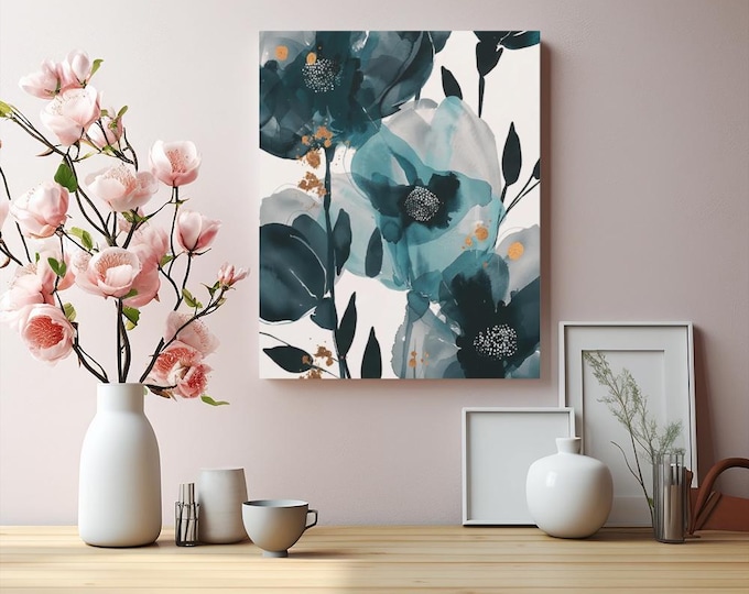 Abstract Floral Canvas Art, Teal and Gold, Modern Wall Decor (16x20)