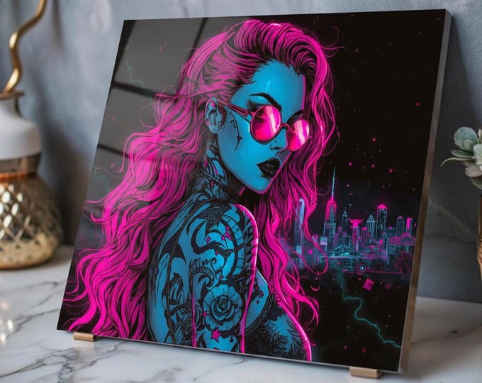 Ultraviolet Noir Acrylic Print | Neon Cyberpunk Girl with French Cleat Wall Hanging