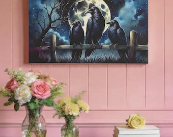 Moonlit Ravens Canvas Art: Gothic Halloween Home Decor