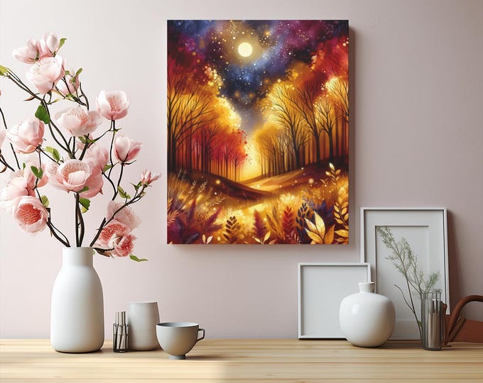 Golden Amber Forest Canvas Art: Nature Wall Decor, Night Sky (16x20)
