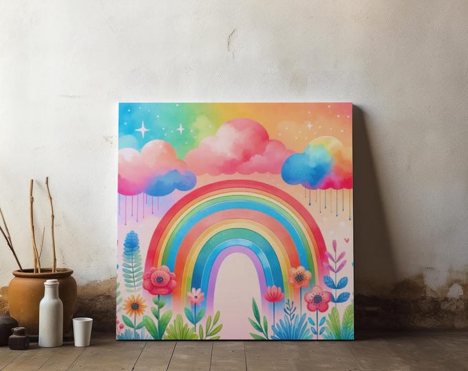 Rainbow Floral Canvas Wall Art: Whimsical Watercolor Playroom Decor