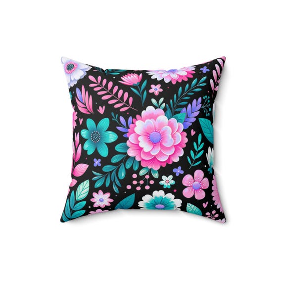 Turquoise Floral Square Pillow: Spun Polyester Couch Cushion, Spring Decor