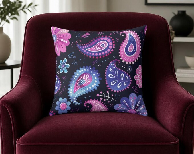 Pink Purple Paisley Pillow | Bohemian Floral Throw Cushion (16x16)
