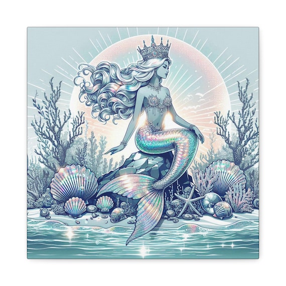 Ice Mermaid Canvas Wall Art: Coastal Nautical Decor, 14x14