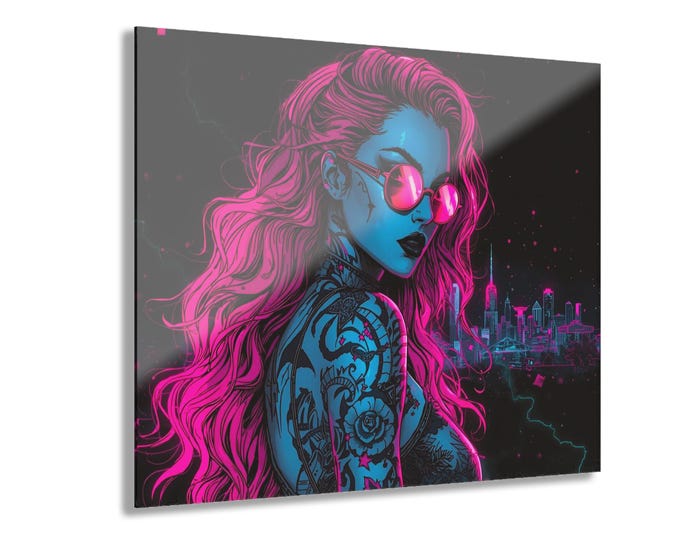 Ultraviolet Noir Acrylic Print | Neon Cyberpunk Girl with French Cleat Wall Hanging