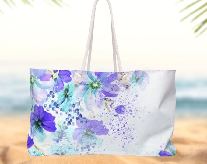 Coastal Botanica Weekender Bag | Purple Blue Watercolor Floral Travel Tote