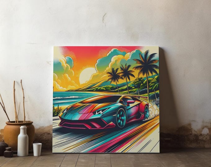 Retro Car Sunset Canvas Art: Modern Automotive Wall Decor (14x14)
