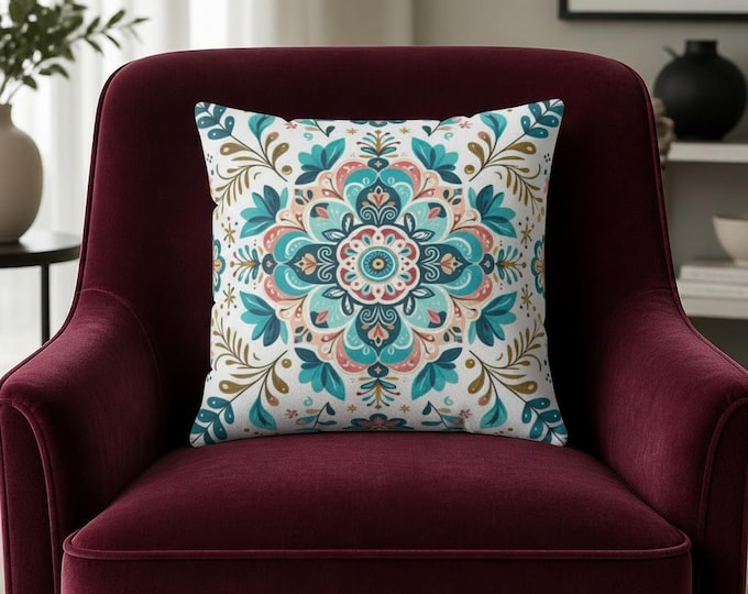 Bohemian Floral Square Pillow: Spun Polyester Couch Cushion