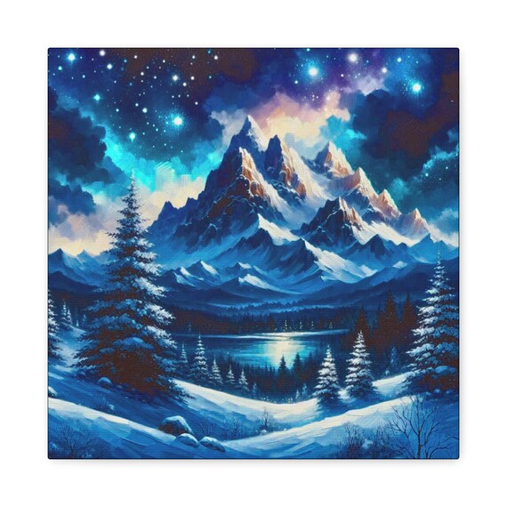 Blue Mountain Landscape Canvas Wall Art: Winter Snow Scene (14x14)