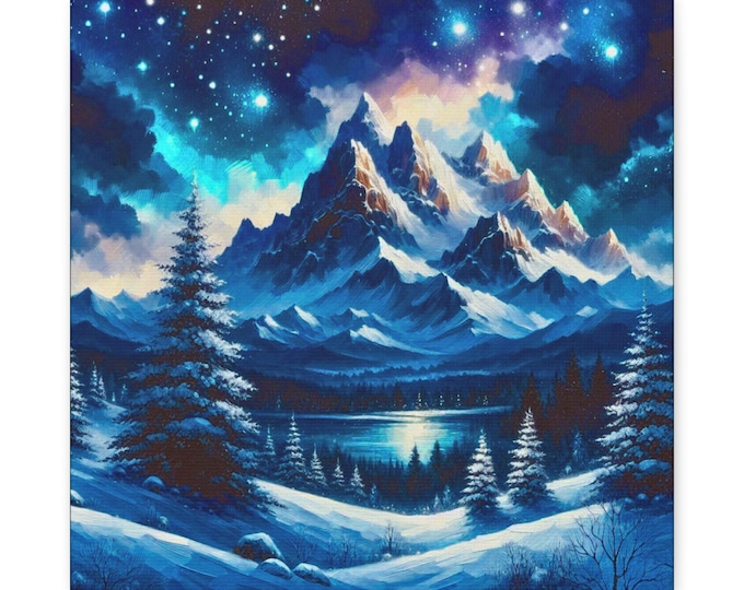 Blue Mountain Landscape Canvas Wall Art: Winter Snow Scene (14x14)