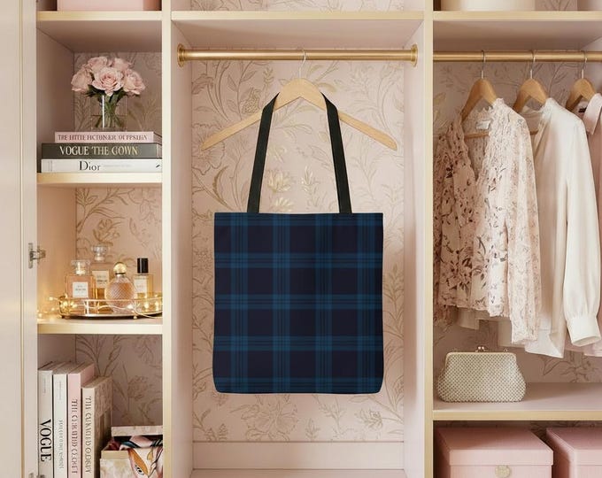 Navy Blue Plaid Tote Bag: Reusable Polyester Shopper