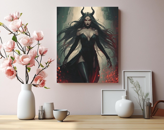 Gothic Fantasy Canvas Art: Fierce Woman in Embers, Dark Home Decor