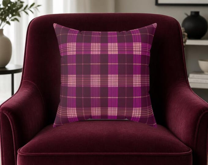 Plum Plaid Pillow: Spun Polyester Accent Pillow for Fall Decor