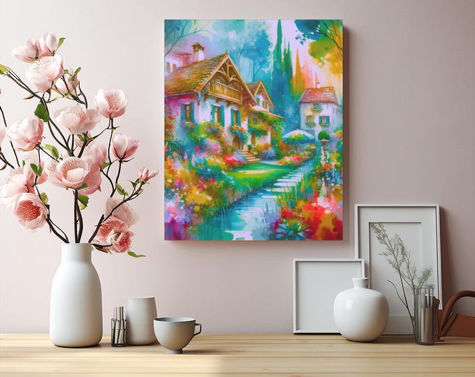 Storybook Cottage Canvas Wall Art: Colorful Garden Home Decor, 16x20