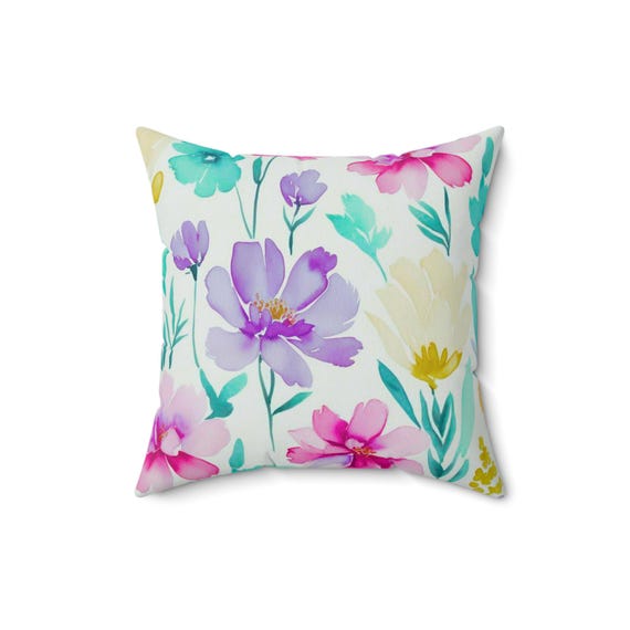 Floral Tempera Square Pillow: Boho Purple Accent Cushion