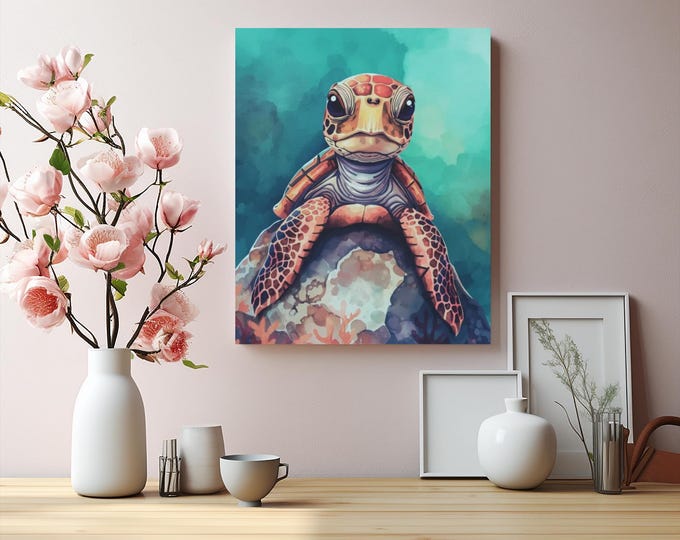 Sea Turtle Canvas Wall Art: Coastal Home Decor (16x20)